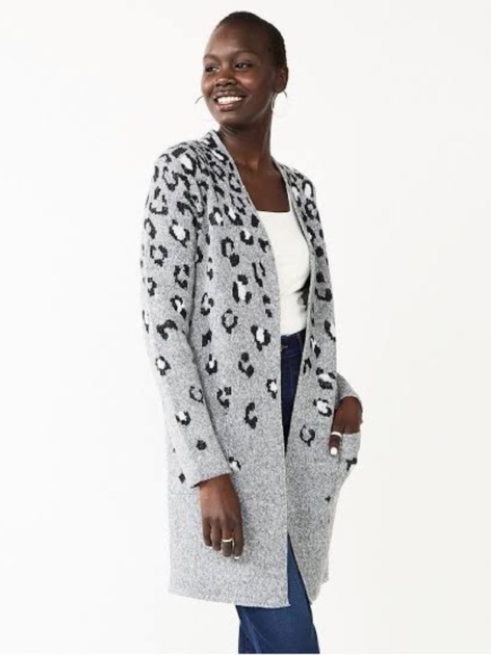 NWT Nine West Gray Black Leopard Print Cozy Open Cardigan Sweater Jacket, Sz XXL